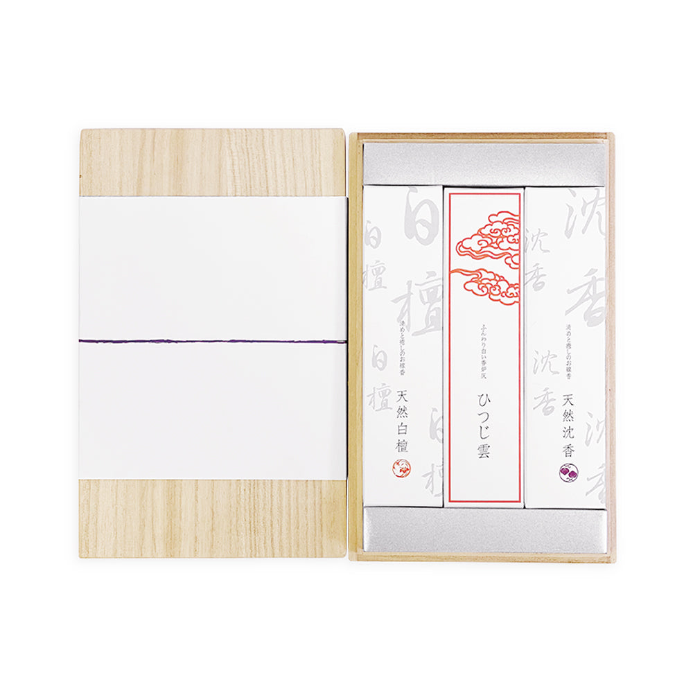 天然香木のお線香　白檀・沈香・香炉灰のセット（桐箱入進物）（正面）